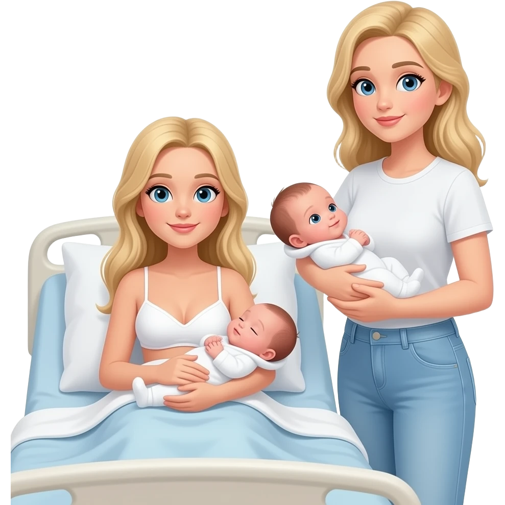 in hospital bed in blanket 17 year old Woman with long blonde hair, and light blue eyes, wearing white bra and light blue baggy jeans with skinny body, holding newborn girl, with 38 year old mom with blonde hair and blue eyes holding baby girl on the waist with one arm, standing beside bed emoji