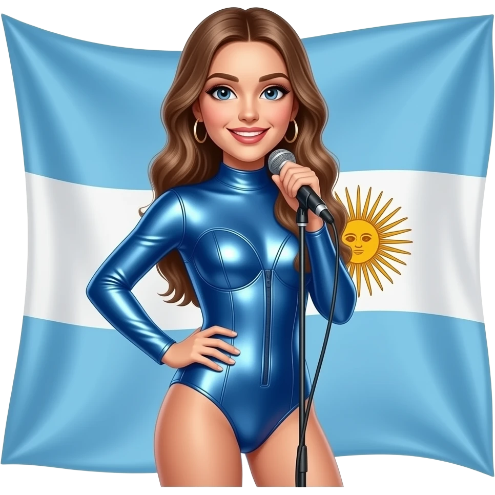 Sabrina carpenter in a metallic blue bodysuit performing at a concert with an Argentinian flag in the background emoji