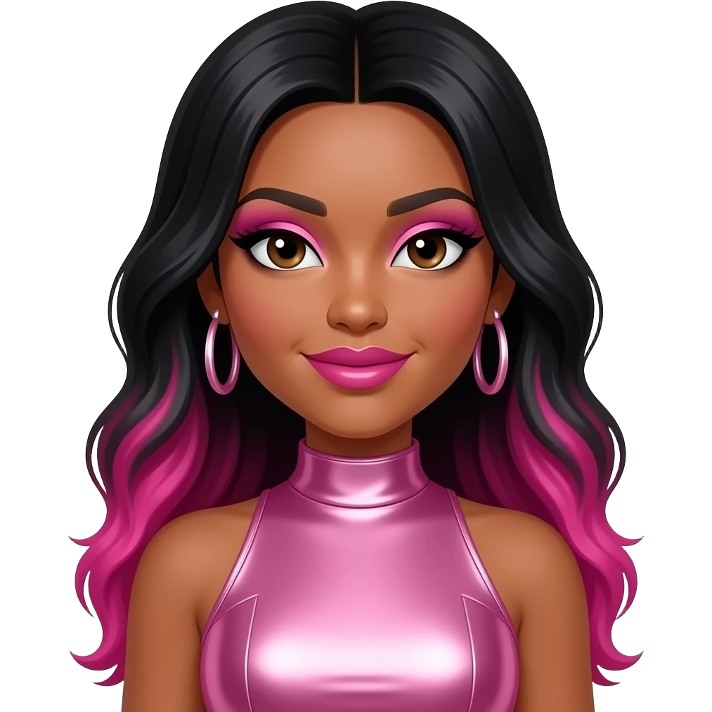 Bahja "Beauty" Rodriguez from OMG Girlz with dark skin, dark brown eyes, long black hair with hot pink ombre, pink eyeshadow, hot pink lipstick, pink metallic high neck dress, earrings emoji