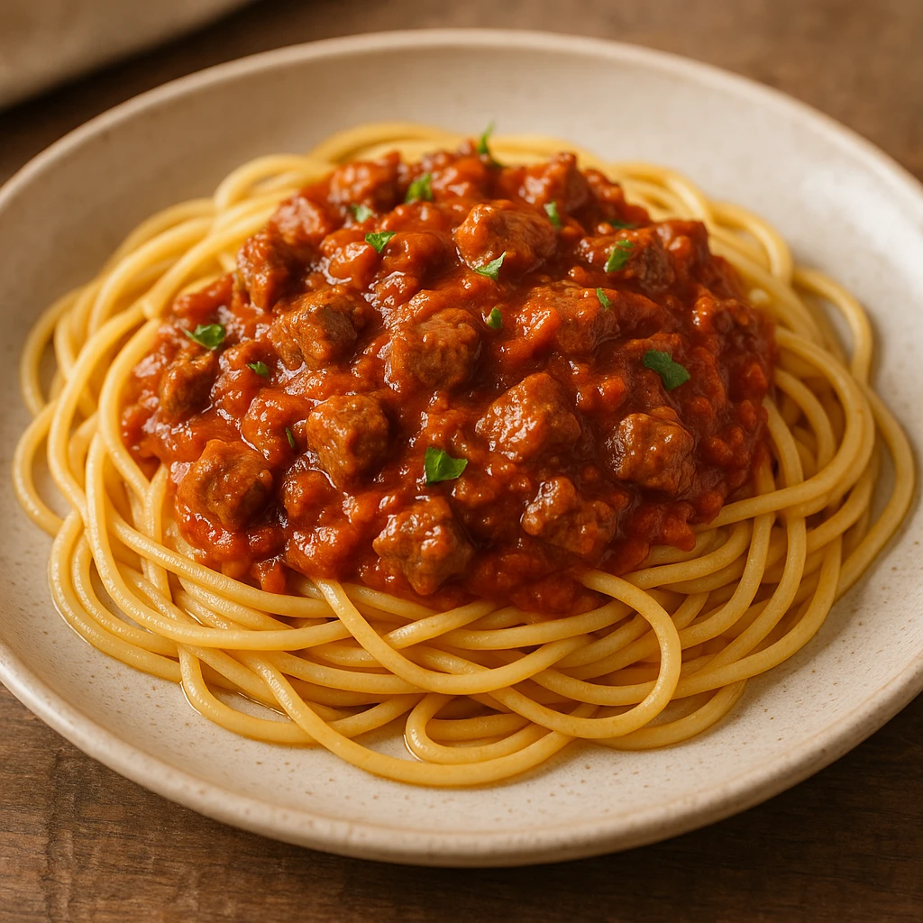 spaghetti with bolognese sauce, diced meat pieces, garnished with herbs, no text emoji