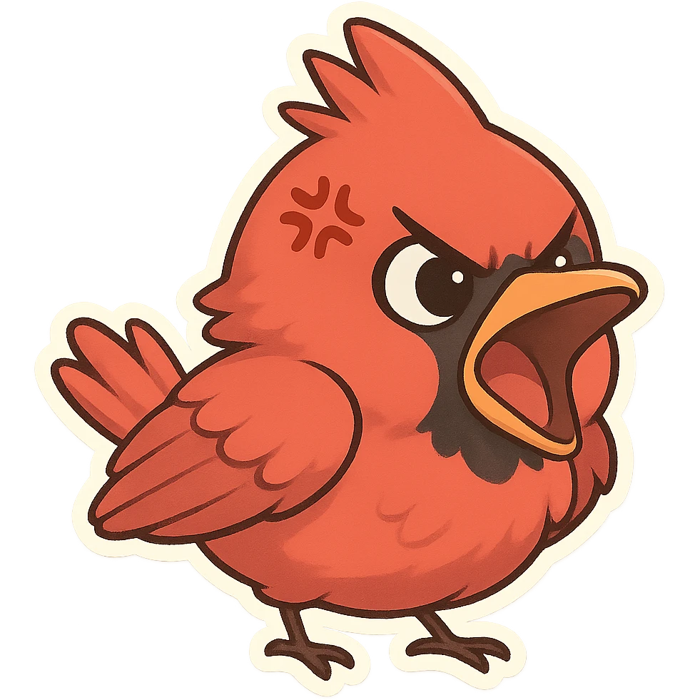 Chibi-style male cardinal yelling with open beak, feathers fluffed, exaggerated anime anger mark above eye. emoji