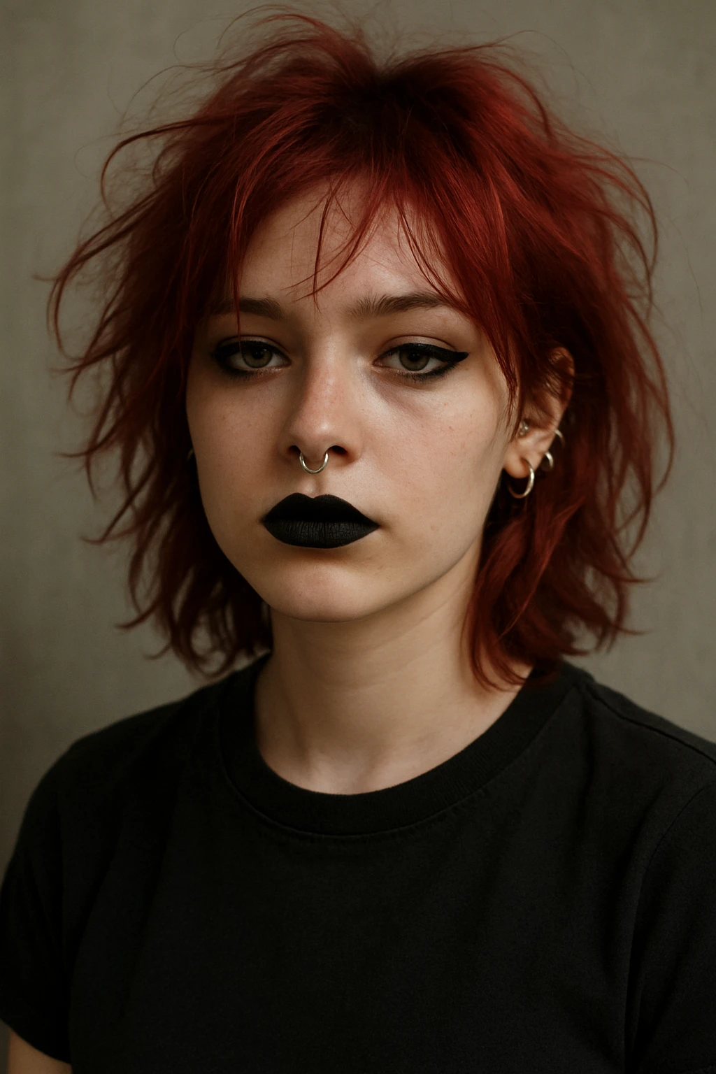 A fair-skinned girl with messy cherry red hair, wearing a black t-shirt, black eyeliner, black lipstick, a septum piercing, and multiple ear piercings. emoji