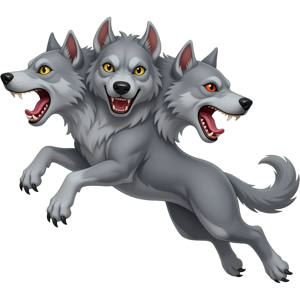 cinematic - cerberus, a three-headed creepy hellhound in a jump emoji