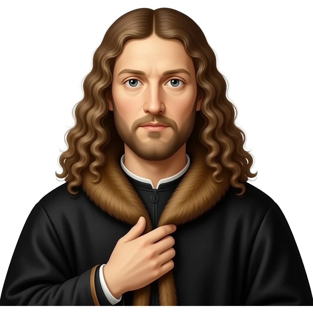 en face penetrating balanced, dried up Albrecht Dürer Renaissance self-portrait with very very long curly hair in a bordo cloak with a fur collar, in Renaissance dress, holding the fur collar with his left hand - an icon of Christ Himself emoji
