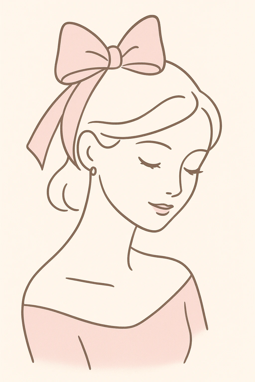 minimalist coquette woman with soft lines, pink bow, tender expression, simple and clean design emoji