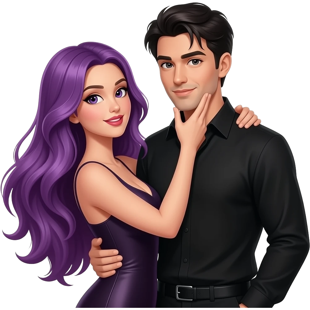 sexy girl with long purple hair and purple is flirting with an attractive man in black clothes and black hair emoji