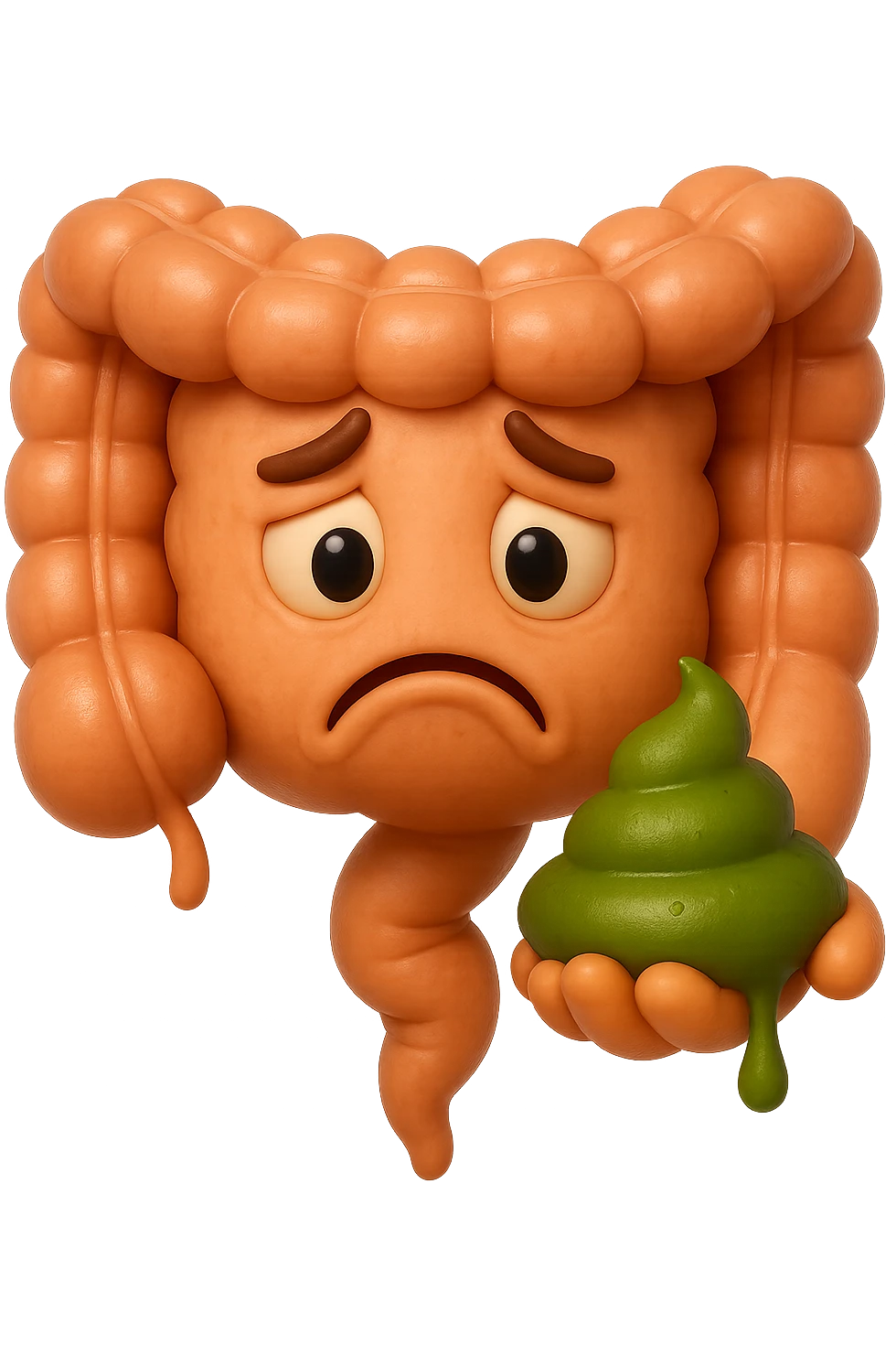 emoji stile iphone 3d di un intestino con espressione triste con cacca verde e liquida in mano, iperrealistiche 4k emoji