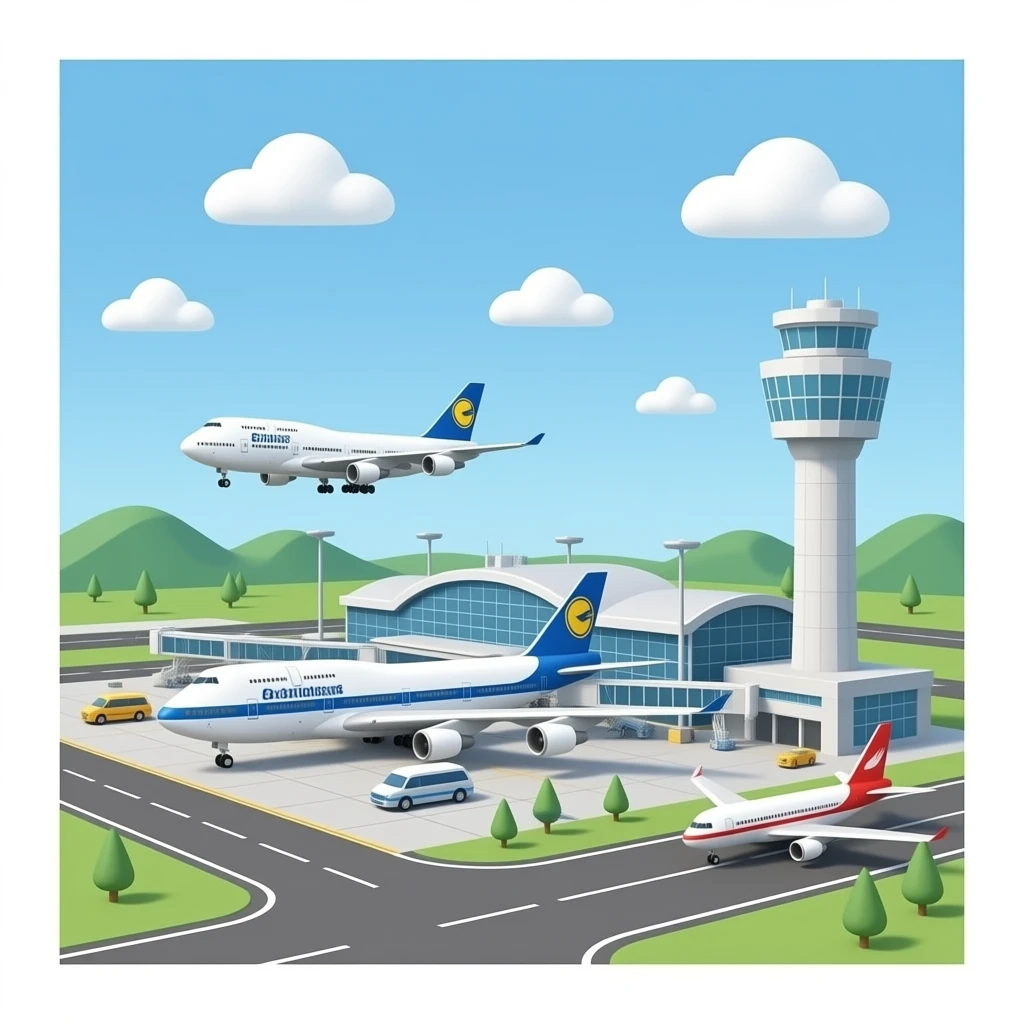huge 3D airport terminal with big b747 and a380 planes and big ATC tower with no background and white borders emoji