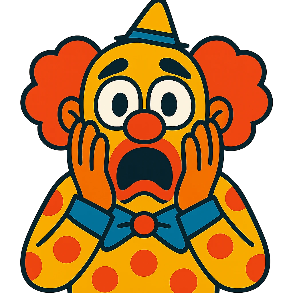 terrified clown, hands on cheeks, mouth wide open, eyes bulging in fear emoji