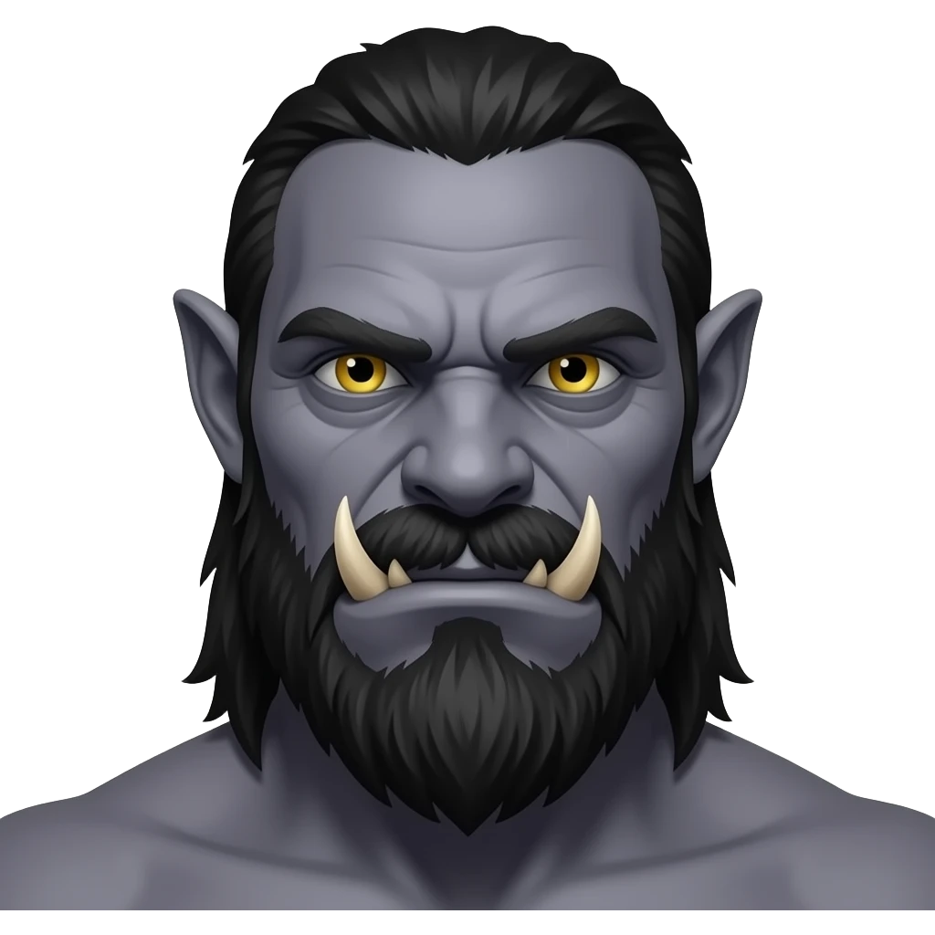 Dark fierce realistic lifelike looking orc head and shoulders with yellow eyes. Fantasy emoji