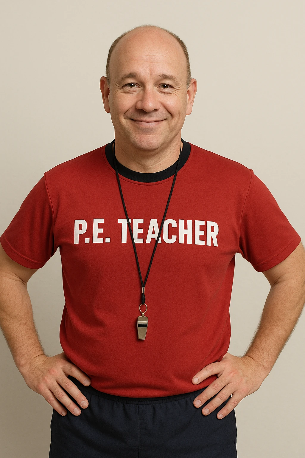 physical education teacher with little hair, friendly expression, wearing sportswear, simple background emoji