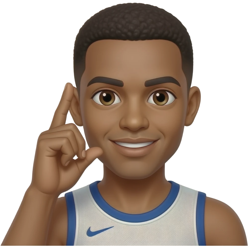 Make the mans skin light brown and a basketball player with his first and second fingers held up to his right ear and his thumb held on his lips like a phone emoji