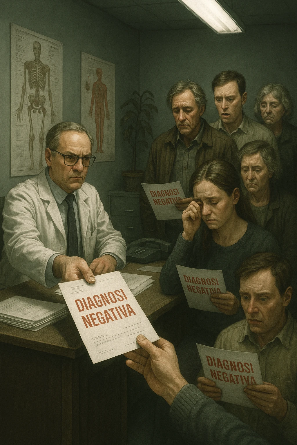 A realistic, cinematic illustration set in a dull, grey-toned medical office. A middle-aged male doctor in a white coat with a stern, cold expression is seated at his desk, handing out medical reports with large red ‘Negative Diagnosis’ stamps to each patient in line. The patients, of various ages and appearances, stand in a line, each looking increasingly sad, defeated, and demoralized as they receive their papers, with slumped shoulders and empty gazes. One young woman wipes away a tear, while a man stares at the paper in shock. The background shows medical posters, a faded plant, and harsh fluorescent lighting, emphasizing the cold, mechanical environment. The mood is heavy, illustrating how negative diagnoses delivered without empatia can deeply affect the mental health and morale of patients. The style is realistic, with subtle filmic grain, emphasizing emotional impact and the weight of medical words on people’s lives. in italiano emoji