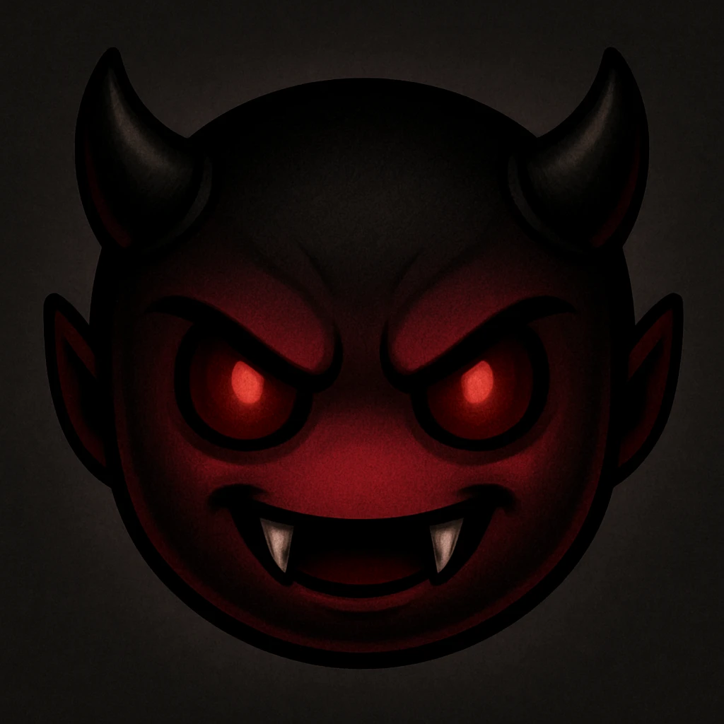 devil emoji in chibi style with gothic palette black and crimson, sharp fangs, glowing eyes, dramatic shadows emoji