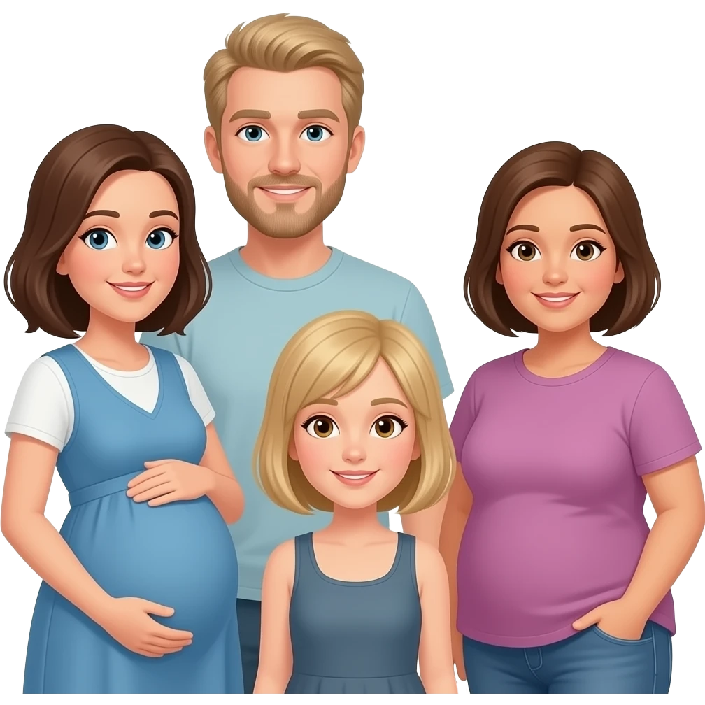 5 friends: a brunette who is pregnant, a blonde tall thin, a blonde short thin, a dirty blonde short thin, a brunette short and a little chubby emoji