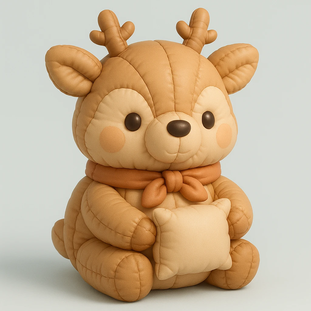 cute deer with a ribbon scarf, holding a small pillow, cushion style emoji