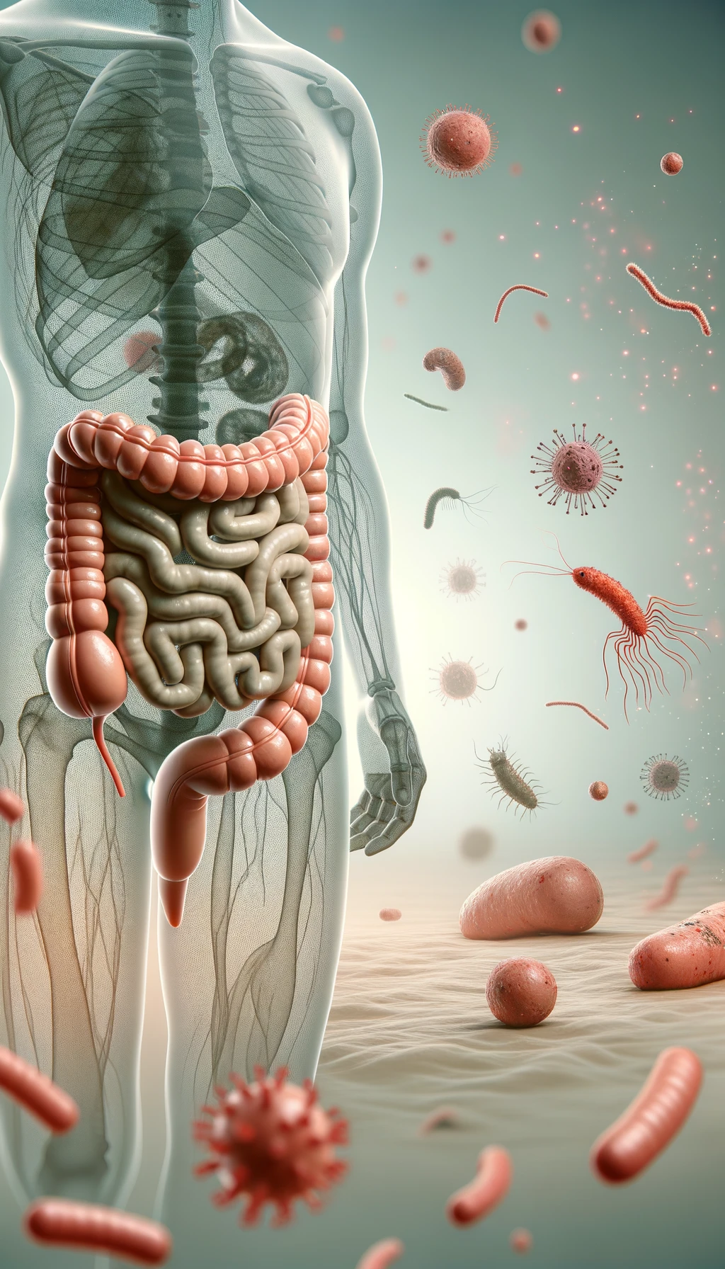 intestino umano anatomico con batteri e parassiti che gli fluttuano dietro, sfondo chiaro emoji
