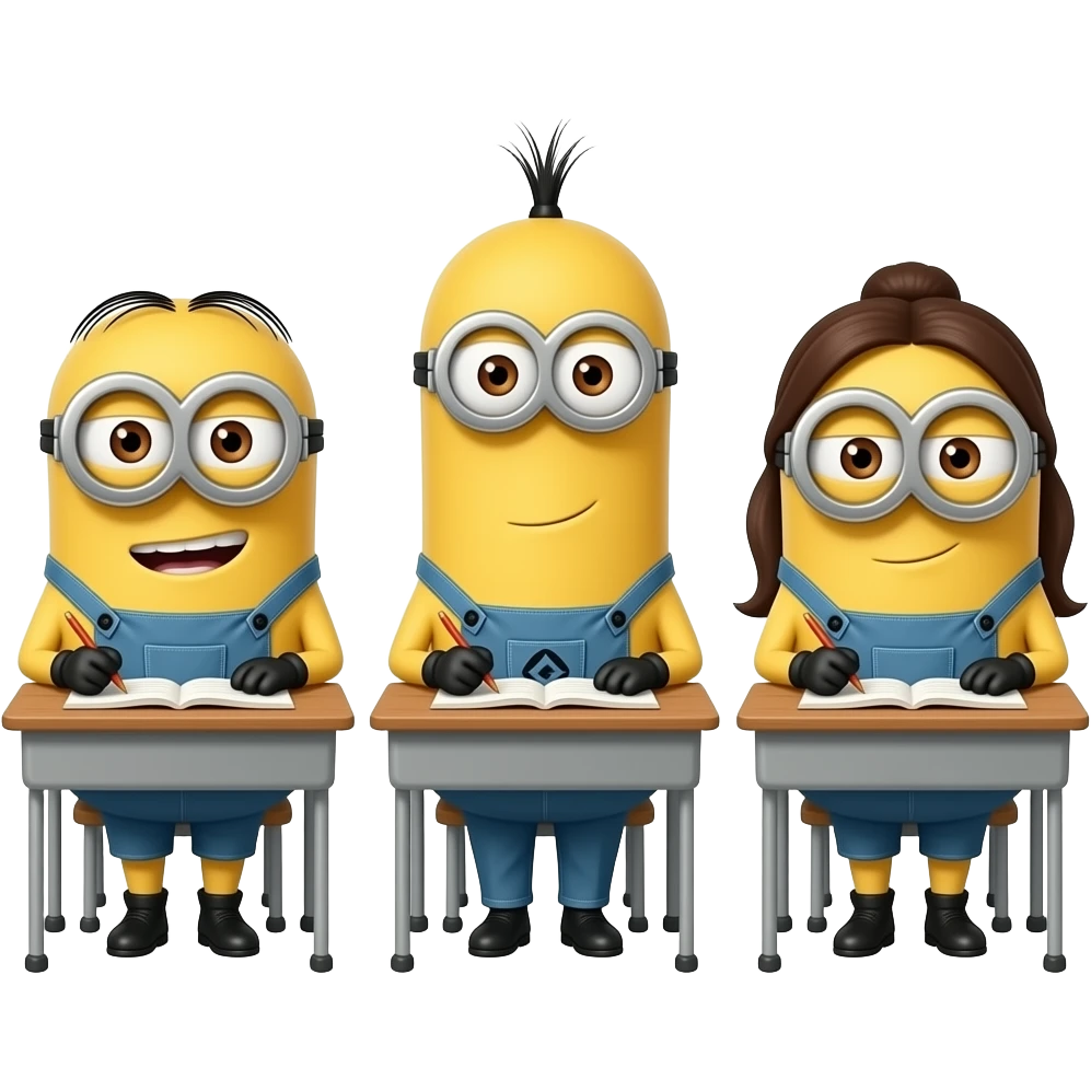 3 despicable me minions doing school work that look like bob, kevin, and stuart but as girls emoji