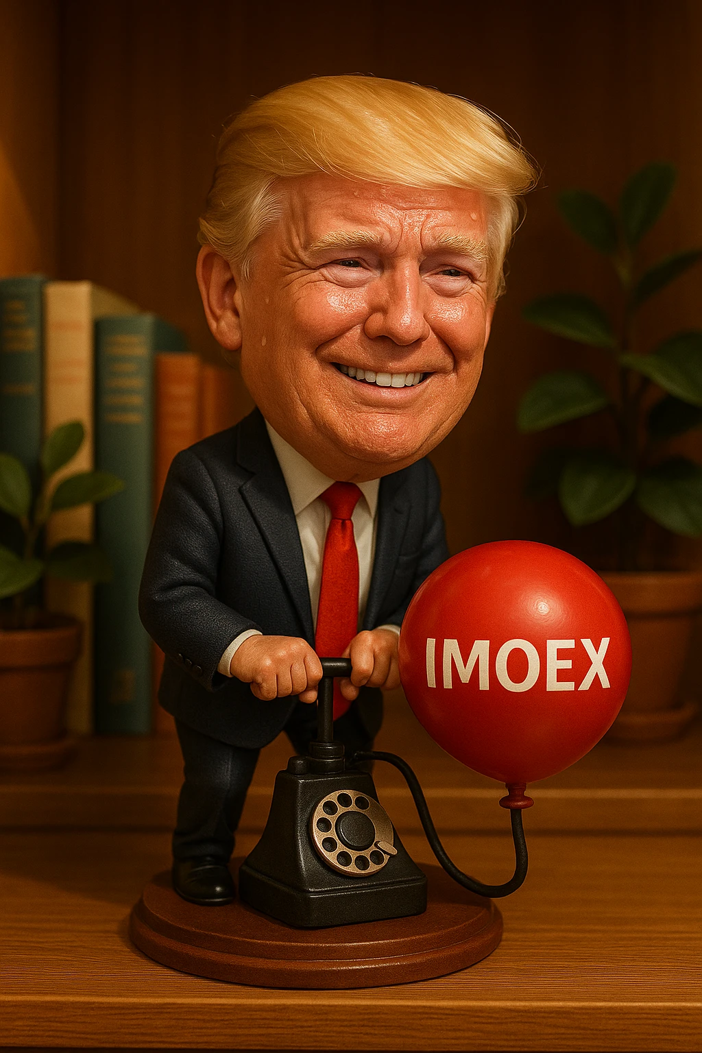 Дональд Трамп  улыбается в поте лица качает через насос в виде старого телефонного аппарата, который подключен к надувающемуся красному шарику, который символизирует фондовый рынок и на нём написано IMOEX emoji
