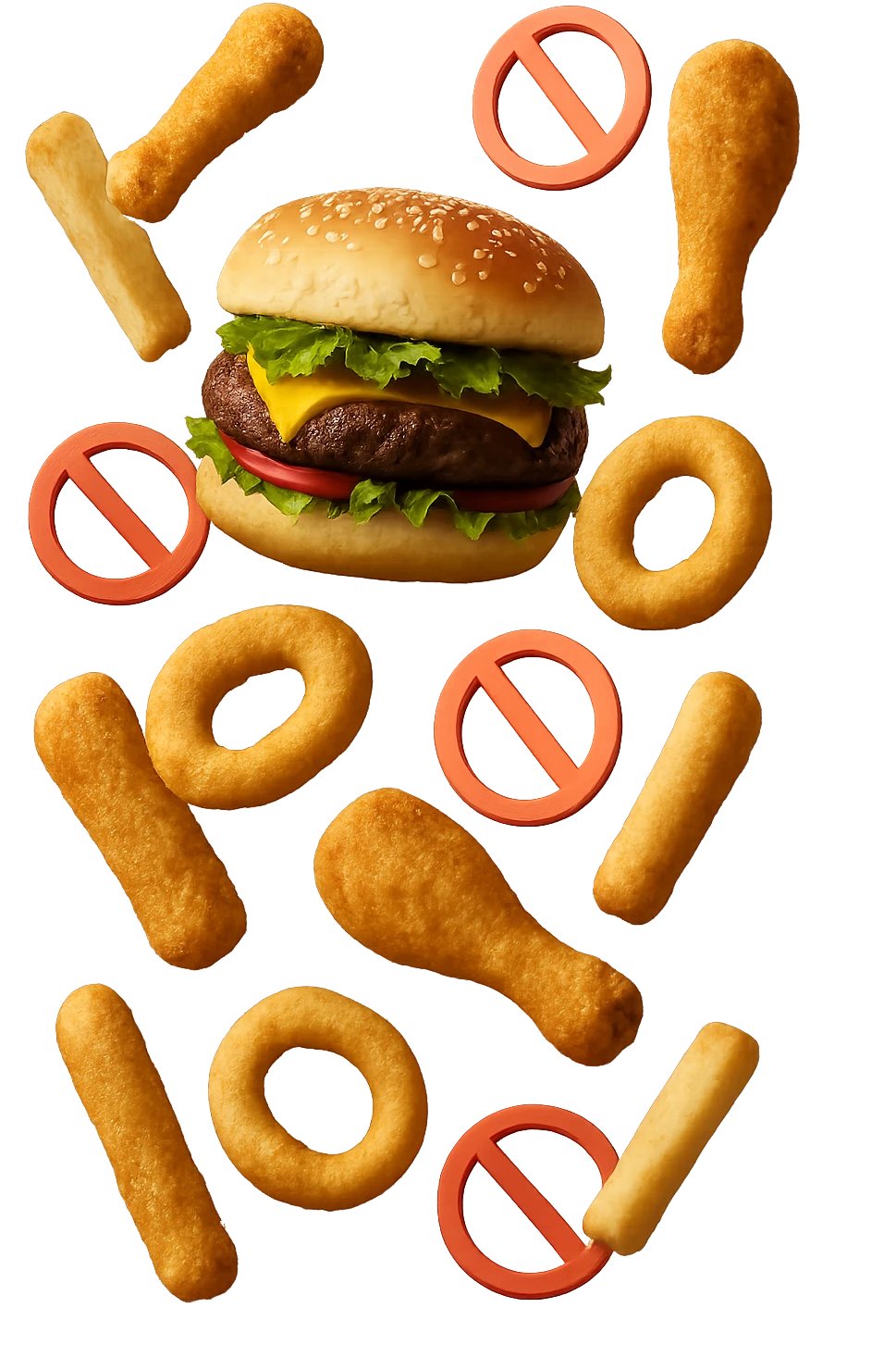 cibi fritti cadono verticalmente dall'alto con piccoli divieti in 3d, iperrealistico 4k emoji