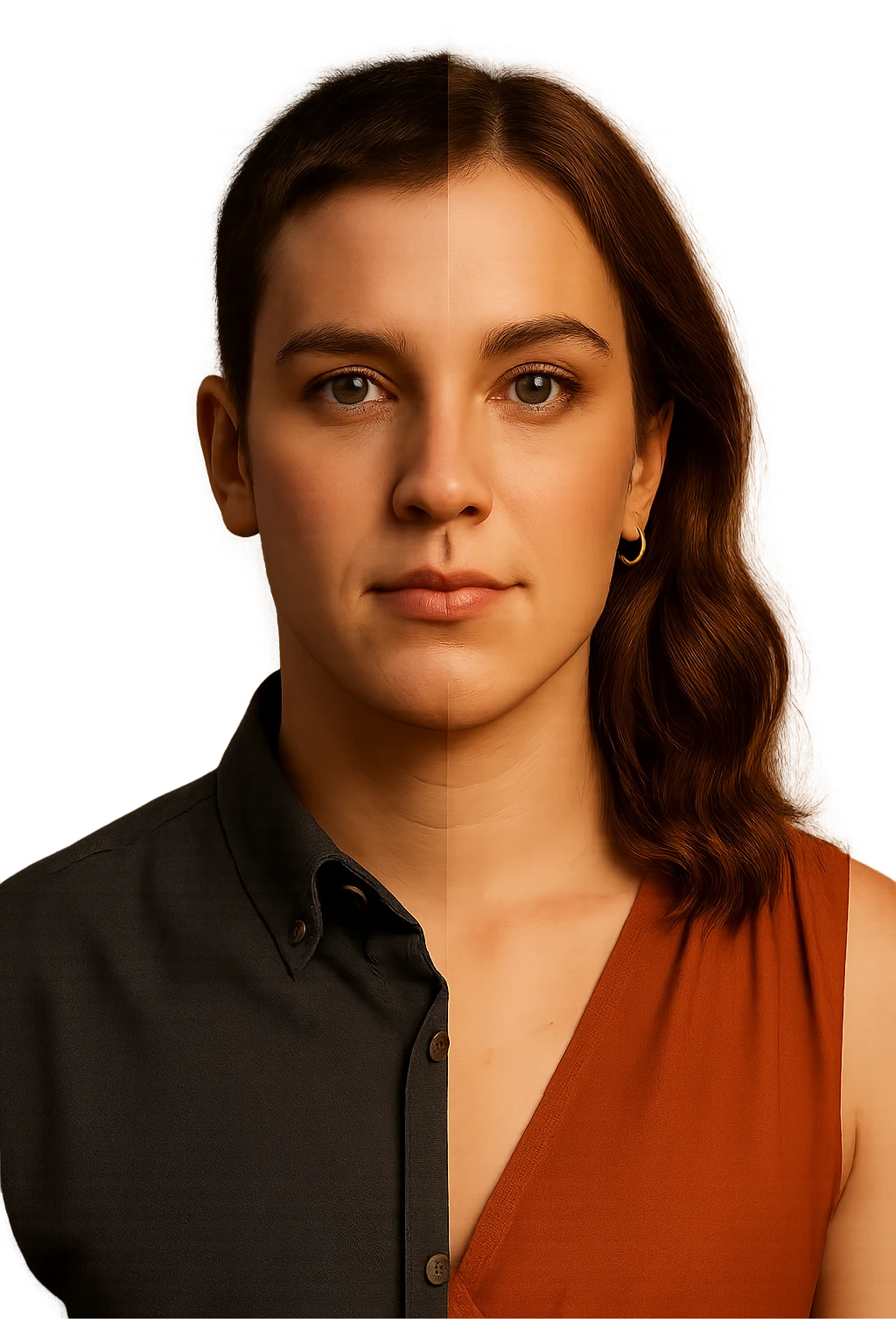 a split image—on the left, a man with short hair and masculine clothing; on the right, the same person with longer hair, makeup, and feminine attire. In the center, a gentle gradient blends the two sides, symbolizing the ongoing process of gender transition. The lighting is warm and the atmosphere is empowering. emoji