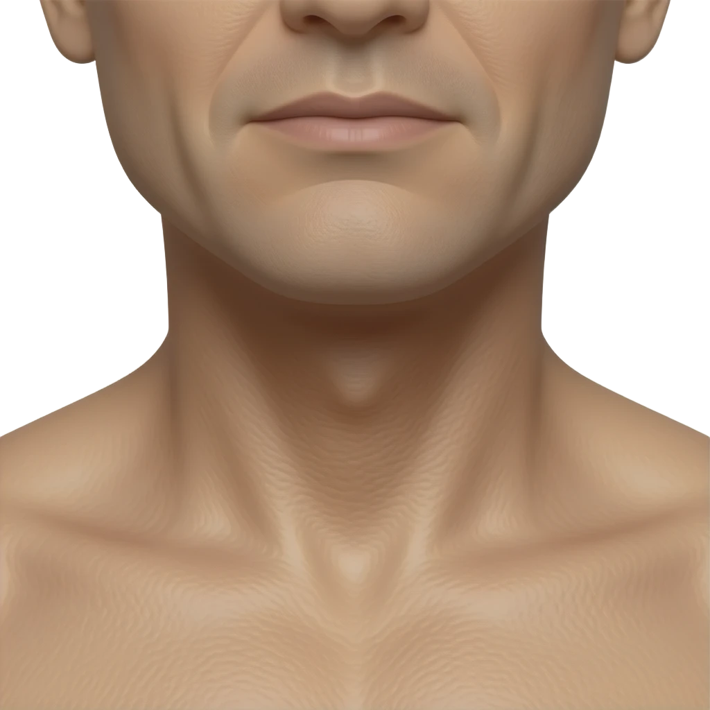 Close-up of a human neck showing hyperpigmentation, darker skin tone concentrated around the front and sides of the neck folds, uneven skin tone with visible texture, natural lighting, no face visible, no upper chest visible, tight crop on neck only, emoji
