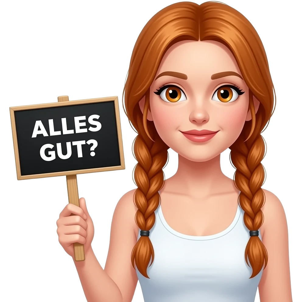 sexy girl with long ginger braids and ginger eyes wearing a white tanktop is holding a black sign with ALLES GUT? written on it emoji
