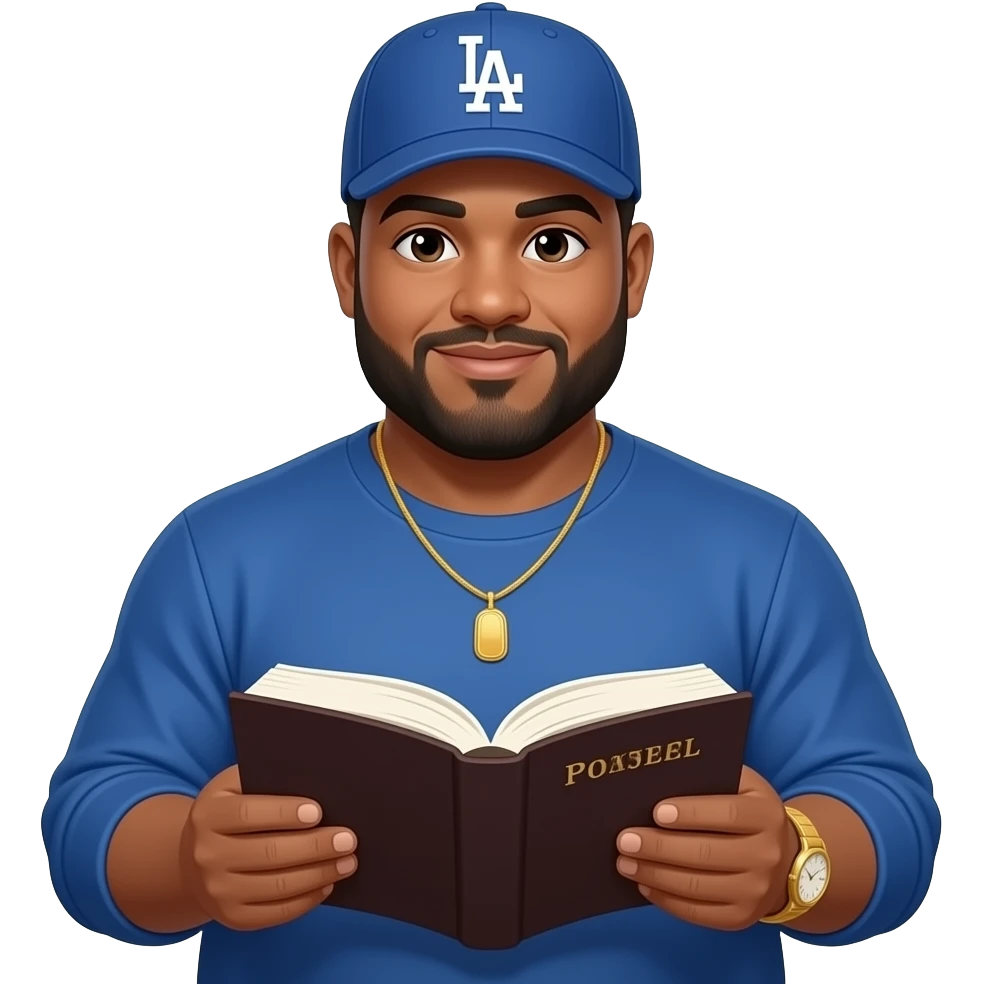 Chubby man with light honey skin tone and lightly shaved black beard wearing a blue Los Angeles Dodgers logo baseball cap wearing a long sleeve blue shirt wearing a gold tennis necklace and a gold wrist watch reading the Bible emoji