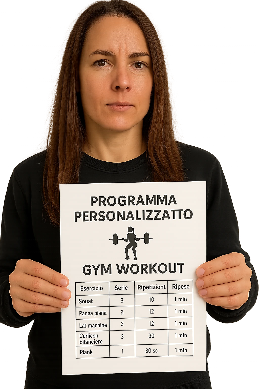 Donna con in mano Scheda di allenamento di palestra con scritto "Programma Personalizzato" emoji