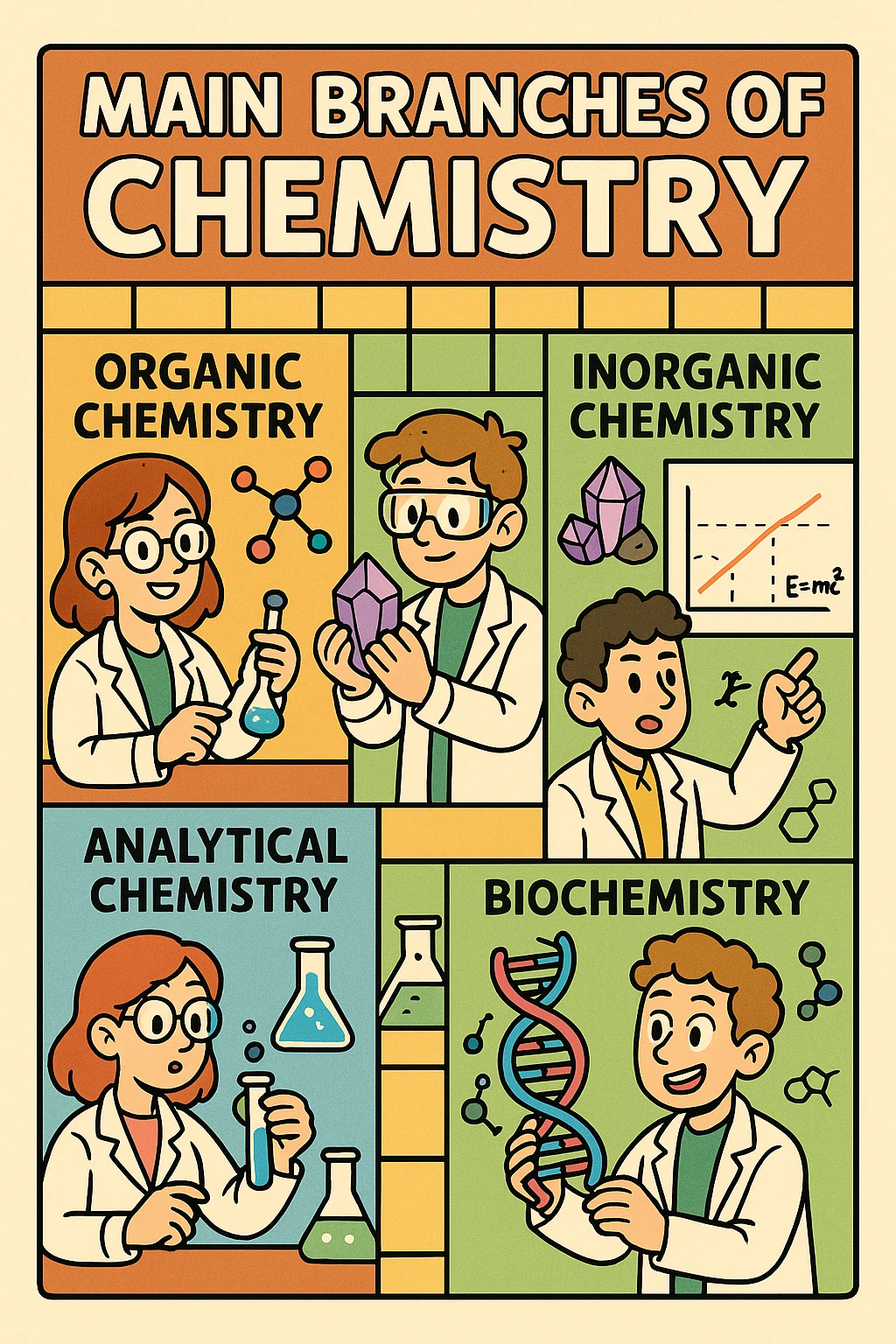 A creative and unique poster about the main branches of chemistry. The poster should have a central theme that ties all the branches together, such as a periodic table layout: Organic Chemistry, Inorganic Chemistry, Physical Chemistry, Analytical Chemistry, and Biochemistry. Include icons and illustrations for each branch, such as molecular structures for Organic Chemistry, crystals or minerals for Inorganic Chemistry, graphs or equations for Physical Chemistry, laboratory equipment for Analytical Chemistry, and DNA strands or biological molecules for Biochemistry. Use a vibrant and cohesive color scheme with different colors for each branch. The layout should be clean and organized with clear headings and concise descriptions. emoji