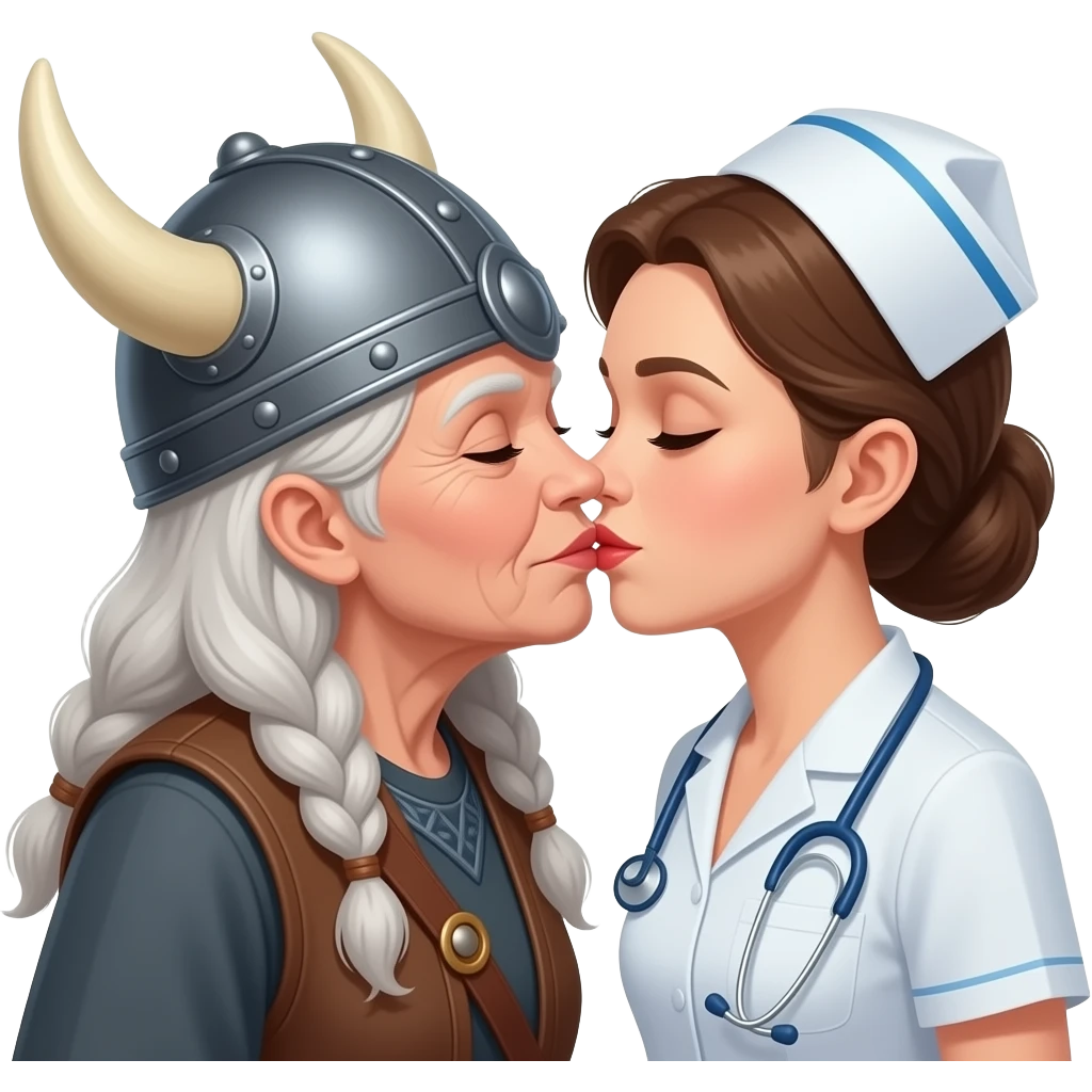 Viking hat silver braids old woman kissing nurse old haircut brunette kissing on lips emoji