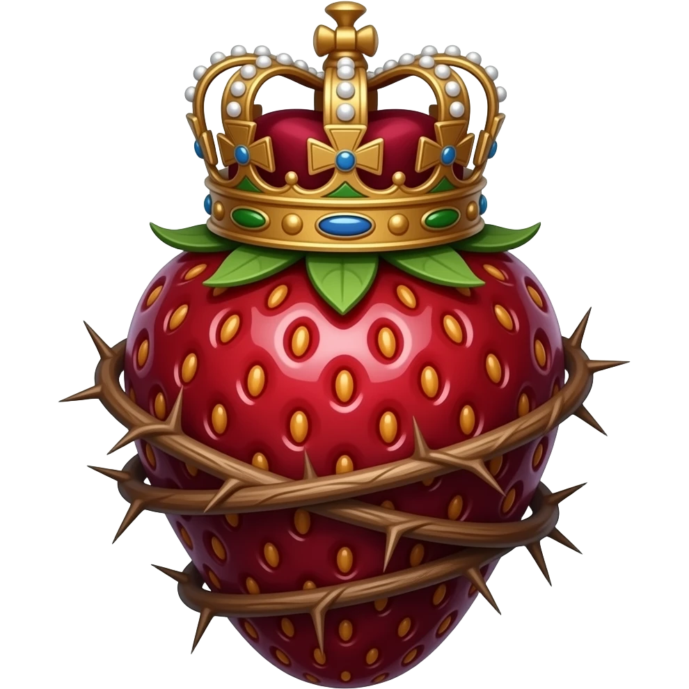 cinematic realistic -a dark strawberry with a rusty, richly decorated English royal crown on top that is flaming. A crown of thorns is wrapped around the strawberry's body that is spinning around its body emoji