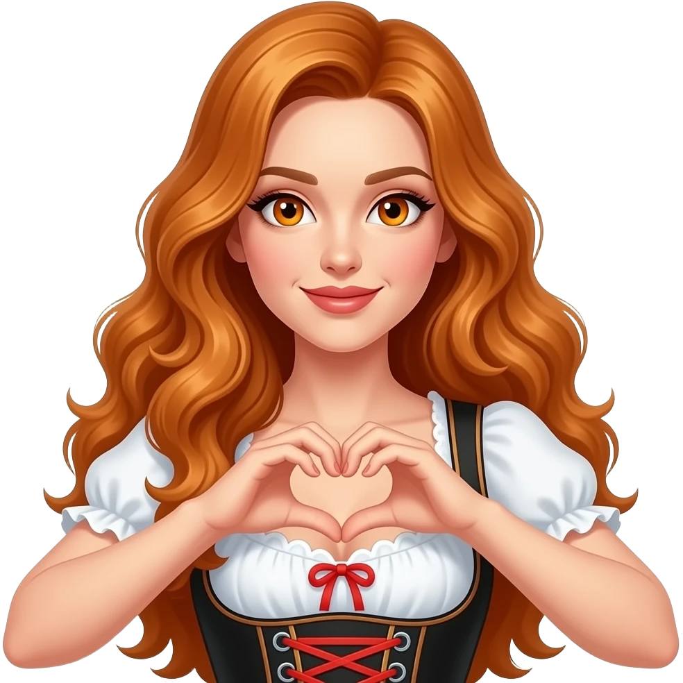 sexy girl with long wavy ginger hair and ginger eyes says wearing a dirndl and makes a heart with her finges emoji