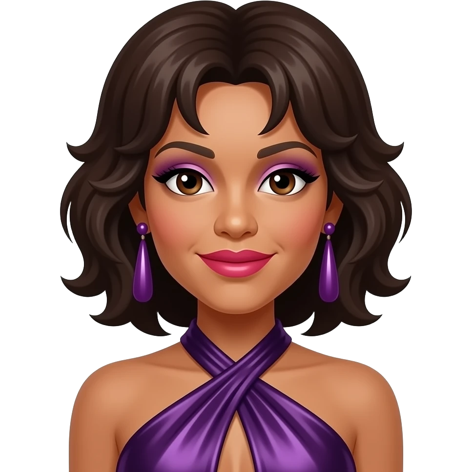 Whitney Houston with dark brown eyes, dark brown 80s hair, lilac eyeshadow, hot pink lipstick, dark purple metallic halter dress, lilac earrings emoji