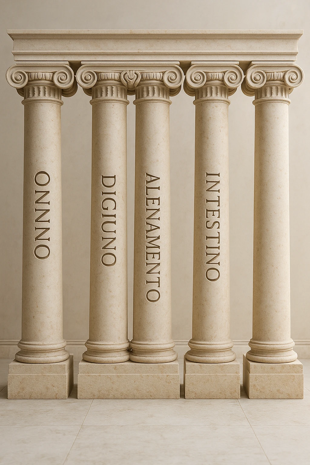 5 pilastri con le scritte "SONNO", "DIGIUNO", "ALLENAMENTO", "INTESTINO", IMMAGINE IPERREALISTICA SFONDO CHIARO IN ITALIANO emoji