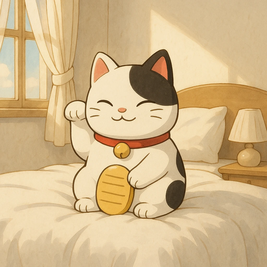 White and black Chinese lucky cat in a cozy white bedroom, kawaii  emoji