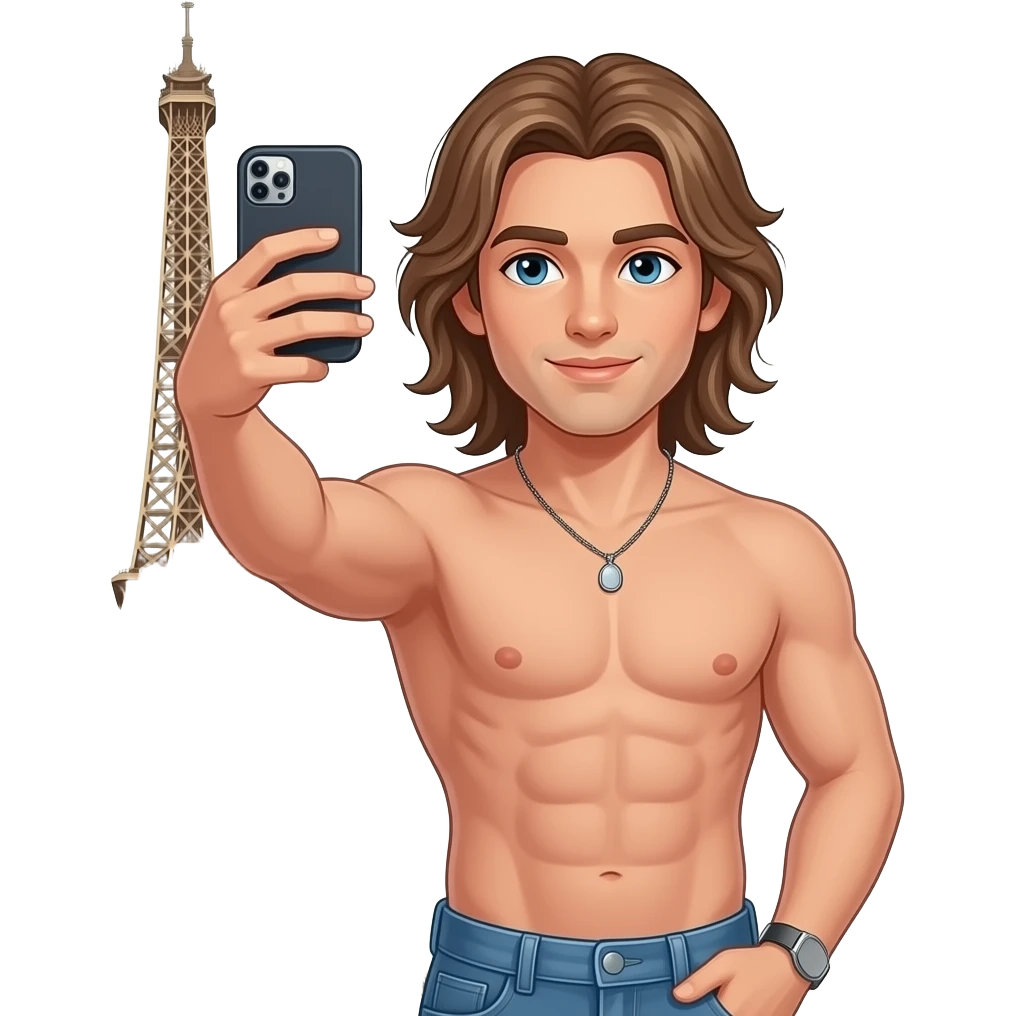 muscular shirtless twink with very long hair taking selfie in front of Eiffel Tower emoji