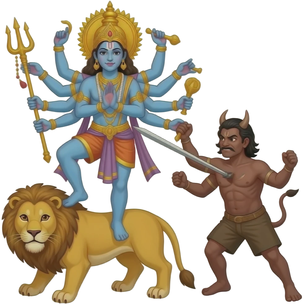 Create an emoji of a goddess with ten hands standing with one leg on a lion's back and another leg on a brownish demon and the goddess is stabbing him in his chest with a trident with her two front arms emoji