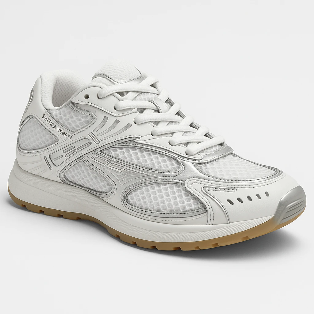 Recreate the Bottega Veneta Orbit sneaker in white with silver accents, exact design, shown in a 3D turned perspective (not flat 2D), similar to the reference image, realistic, clean background. The style should be realistic and 3D as in the reference images. emoji