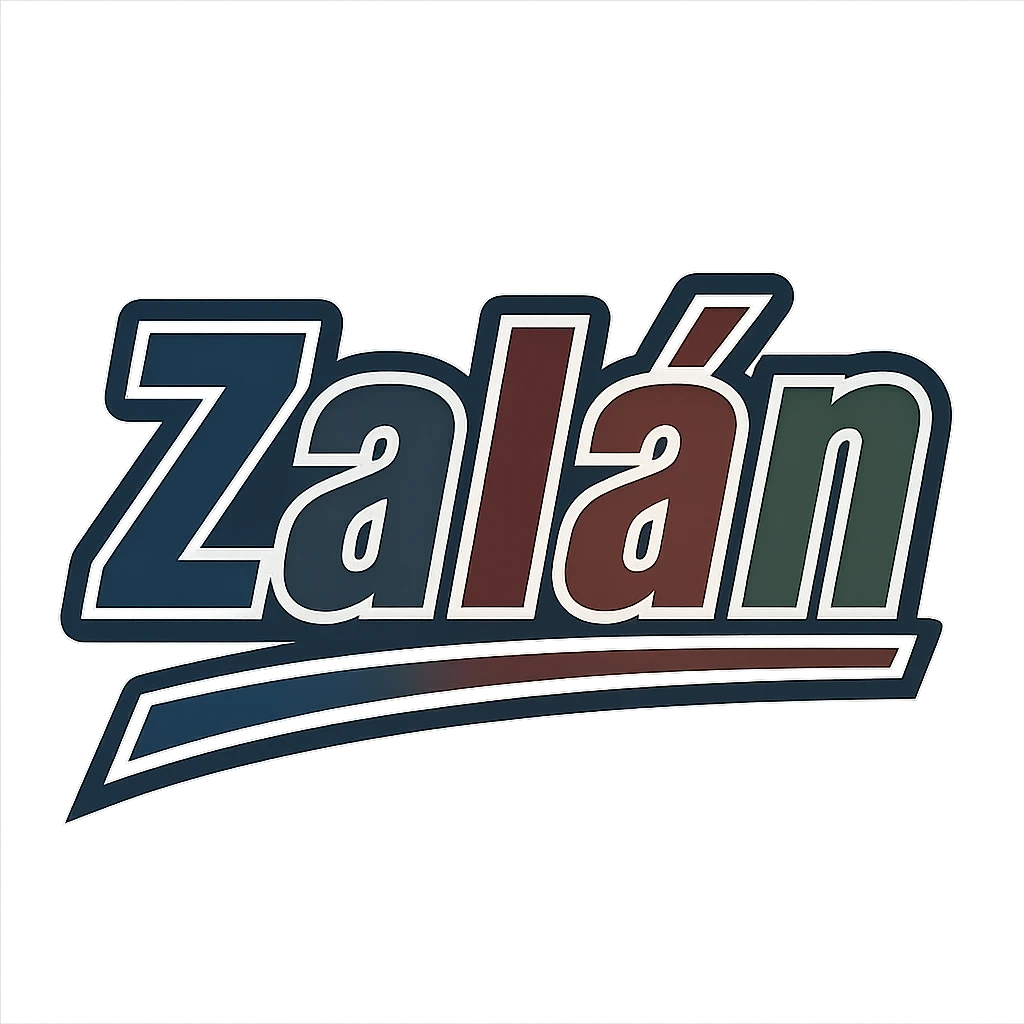 Zalán name in masculine, modern, gradient font with precise Hungarian characters, dark contour, extra wide and prominent white letter frame as in sample images, dynamic slanted underline, masculine color shades (blue, gray, burgundy, green, brown), 1000x1000 px, PNG, transparent background emoji