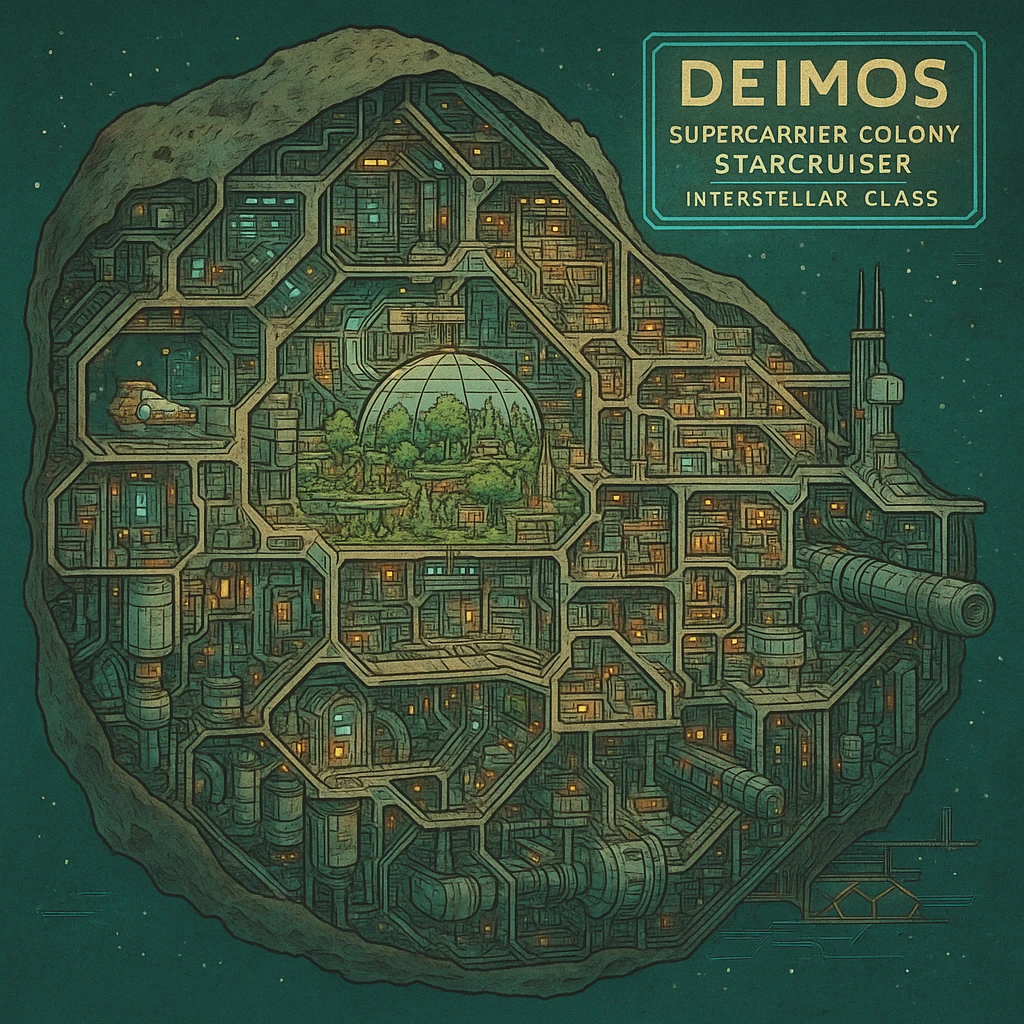 futuristic cyberpunk schematics cutaway exploration map of a supercarrier colony starcruiser, interstellar class, built within a monolithic asteoid - the Deimos emoji