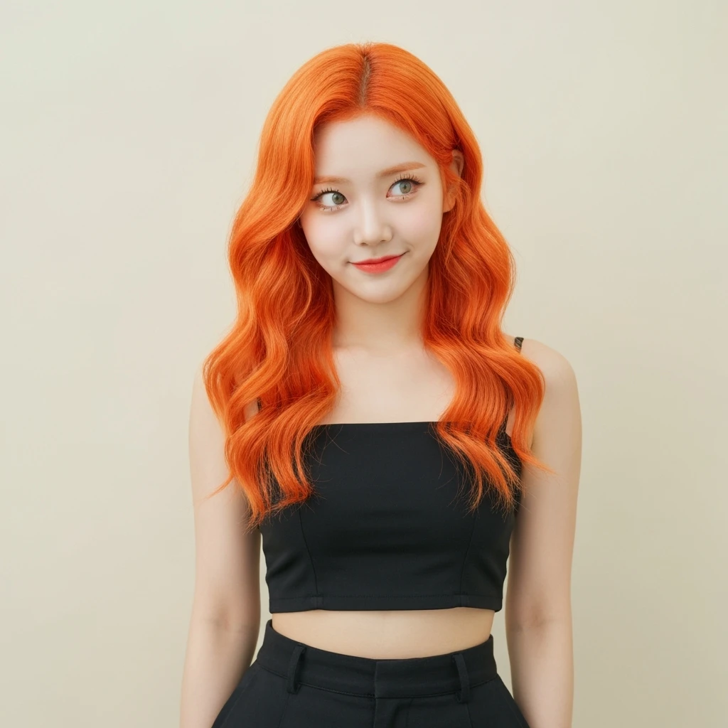 kpop girl with orange hair, cute, expressive, minimal emoji