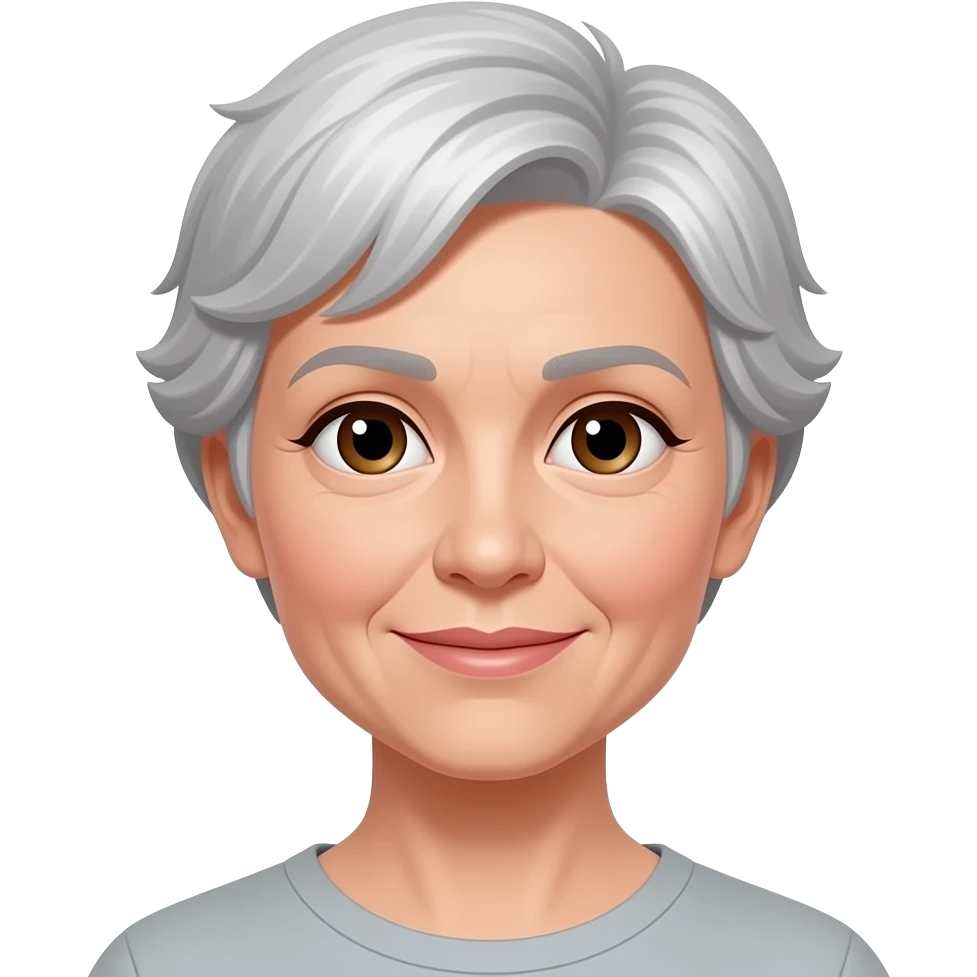 woman 50 years old, short grey fluffy cut hair, white skin and brown eyes emoji
