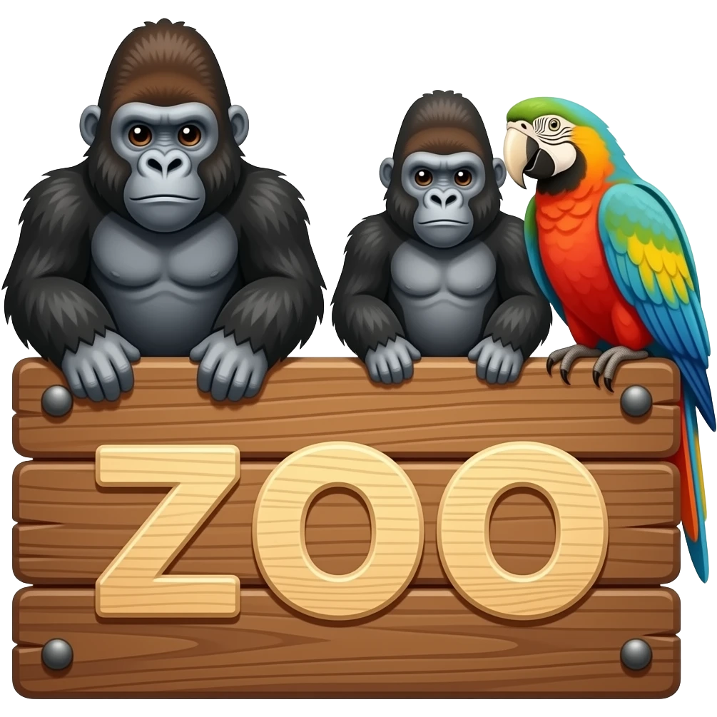 Cartoon wood that said zoo a cartoon two gorilas and  parrot sitting on the wood sign emoji