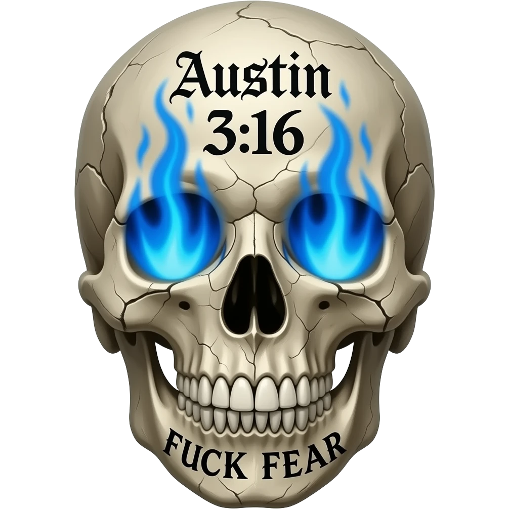 Forward facing, cracked, human skull, skull pieces missing, FUCK FEAR carved on jaw, same gothic font, slightly open, teeth slightly chipped, Austin 3:16 stacked, carved in forehead, eye & nose cavity with intense blue flames, words in a BLACK GOTHIC FONT, entire skull is aged, sun dried, weathered emoji