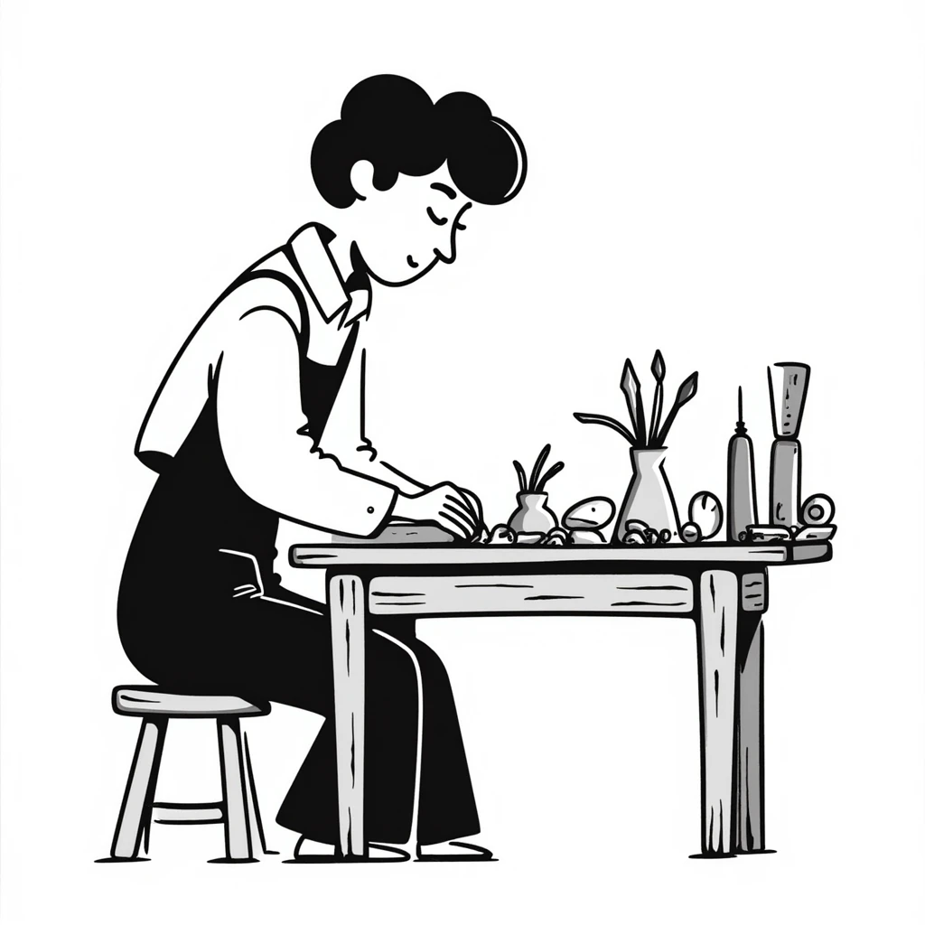 experienced furniture maker at workbench, expressive lines emoji
