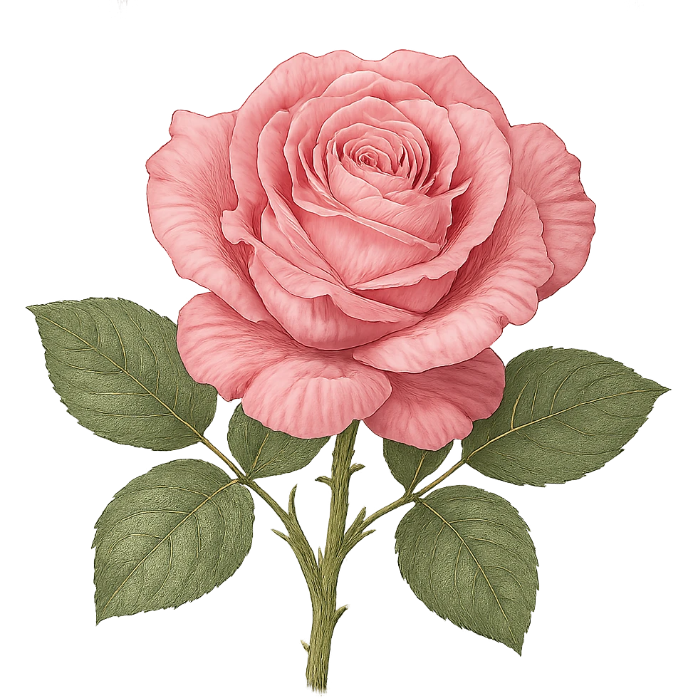 realistic pink rose, detailed petals, green leaves, illustrative style emoji