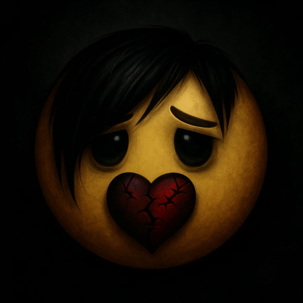 emo emoji, black and deep red heart, stitched, broken or cracked, moody atmosphere emoji