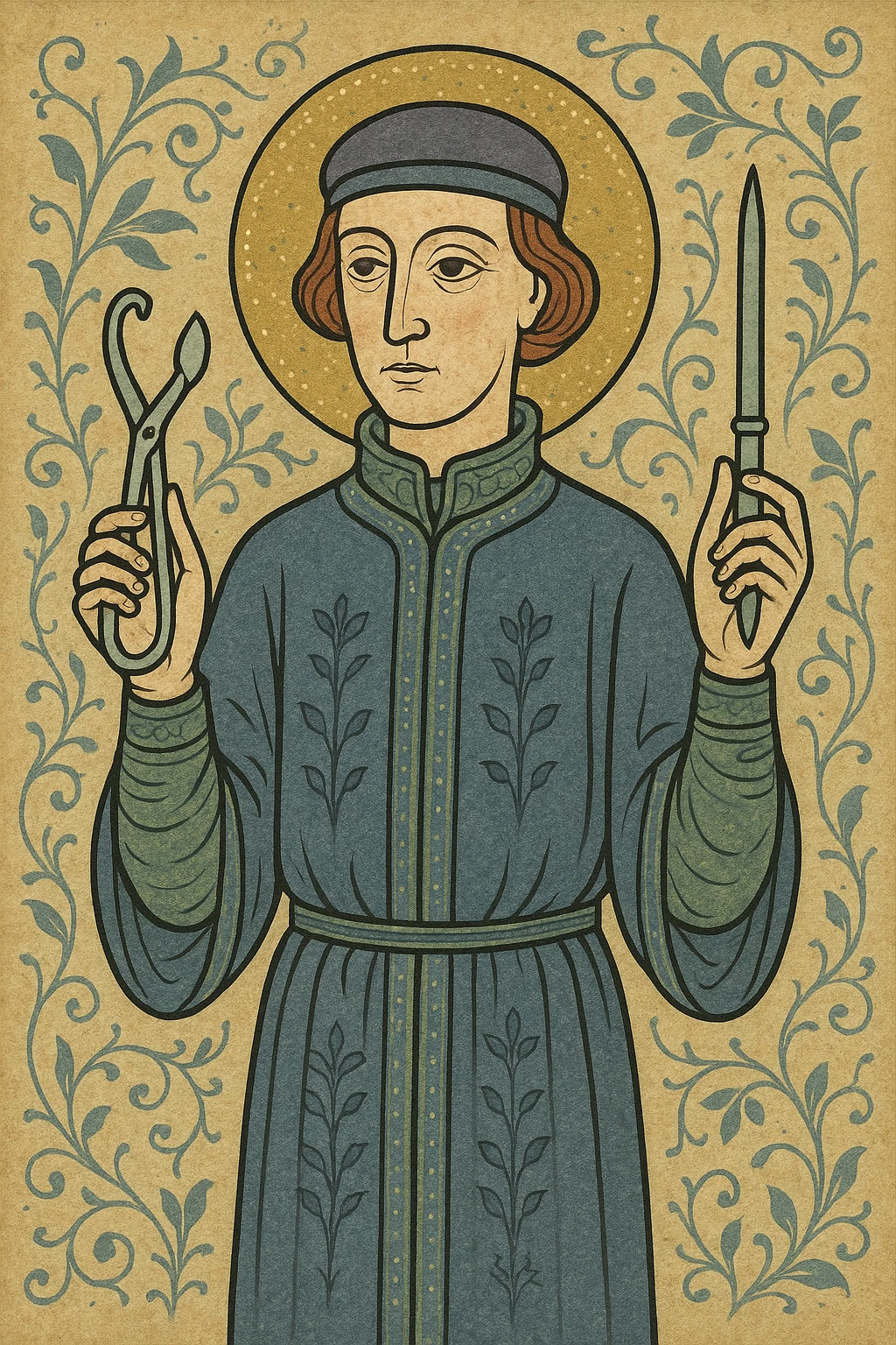 Tudor doctor, holding medical tools, period costume, 16th century style emoji