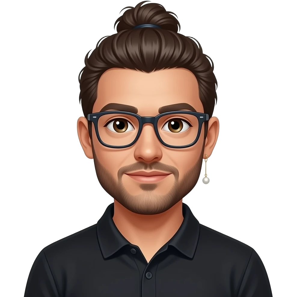 Men with a Messy bun and glasses, long earing with white pearl and black polo emoji